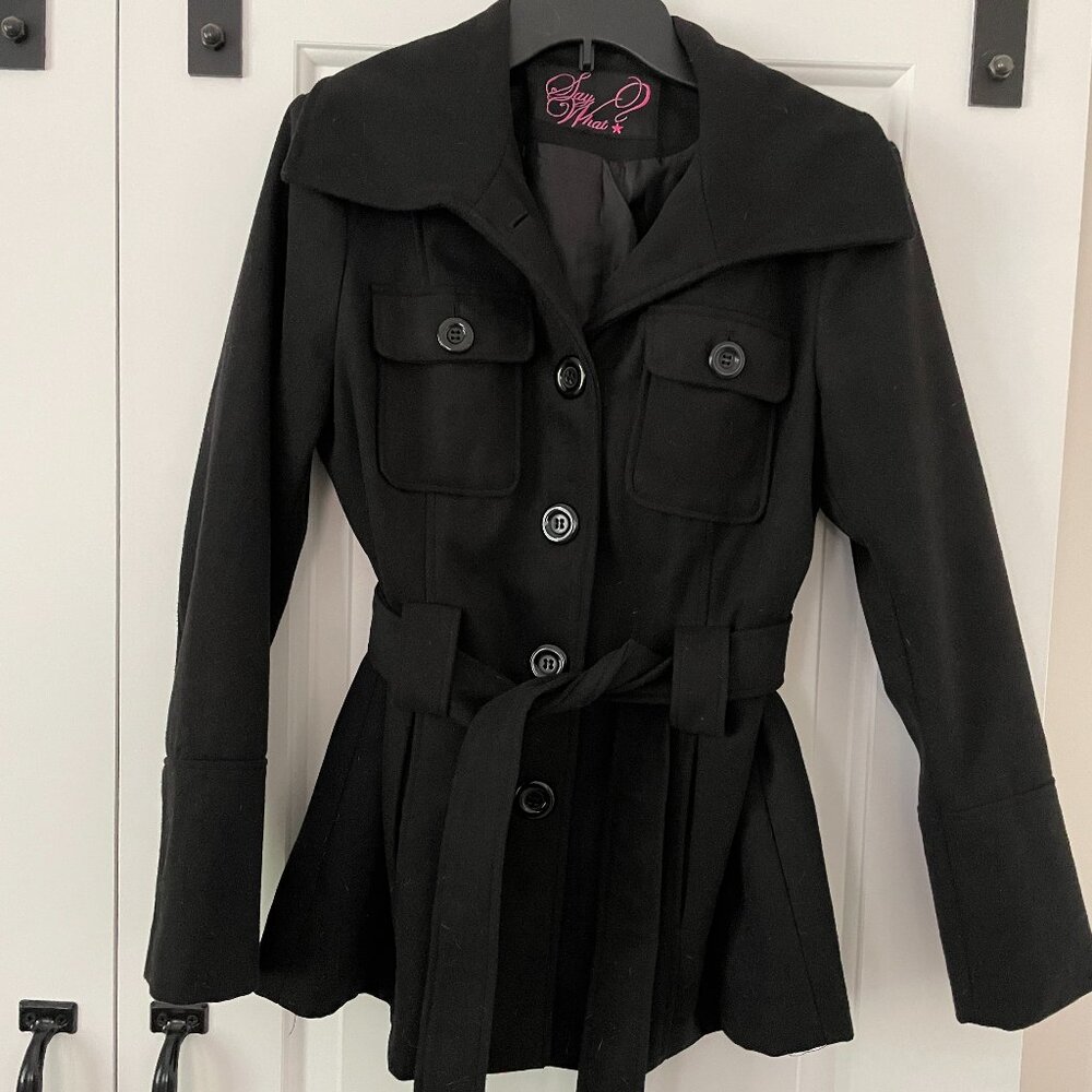 Junior XL Black Say What? Brand Belted Pea Coat